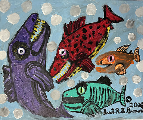 Brent Brown | BRB1013 | Happy Sea Creatures, 2020 | 28 x 22 in. at the Outsider Folk Art Gallery