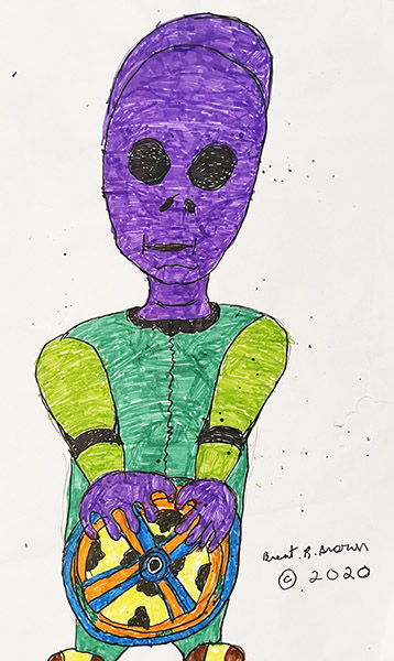 Brent Brown | BRB1075 | Max the Purple Headed Alien | 12 x 18 in. at the Outsider Folk Art Gallery