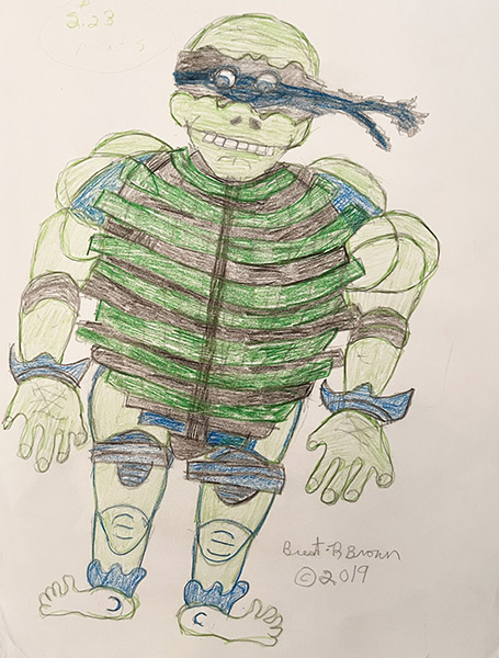 Brent Brown | BRB1084 | Ninja Turtle, Green Striped | Drawing | 11 x 14 in. at the Outsider Folk Art Gallery