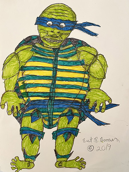 Brent Brown | BRB1095 | Terry the Ninja Turtle Green/Blue Stripes | 11 x 14 in. in at the Outsider Folk Art Gallery