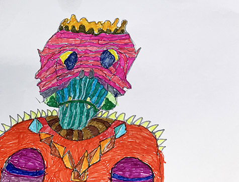 Brent Brown | BRB1116 | Multi-colored King Monster  | Drawing | 11 x 8 1/2 in.  at the Outsider Folk Art Gallery