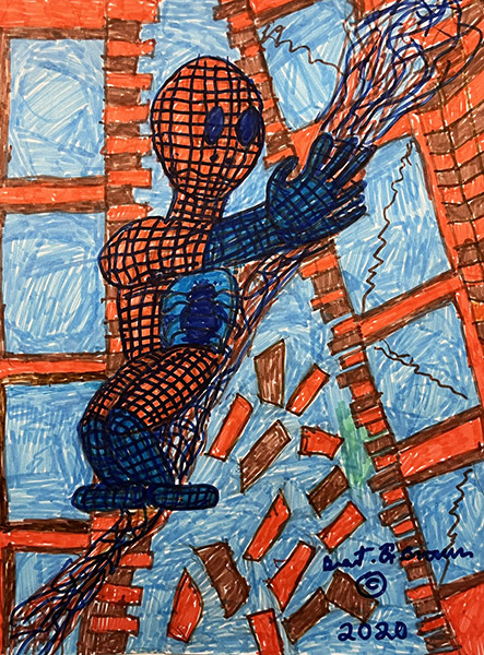 Brent Brown | BRB1118 | Spiderman on wall (Marvel) | 8 1/2 x 11 in. at the Outsider Folk Art Gallery