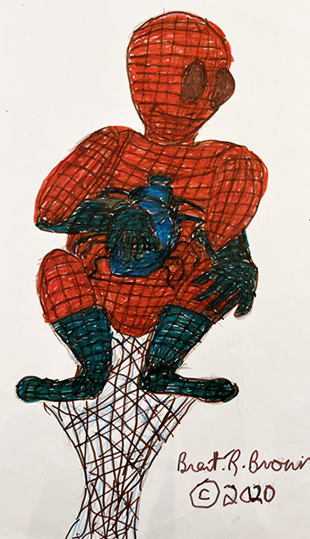 Brent Brown | BRB1124 | Spiderman in web | 9 x 12 in. at the Outsider Folk Art Gallery