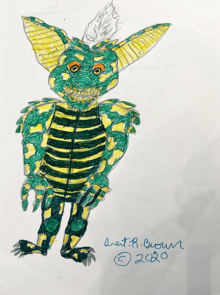 Brent Brown | BRB1128 | Yellow Gremlin, side 1 - Blue Gremlin, side 2  | 
	 Drawing | 9 x 12 in. at the Outsider Folk Art Gallery