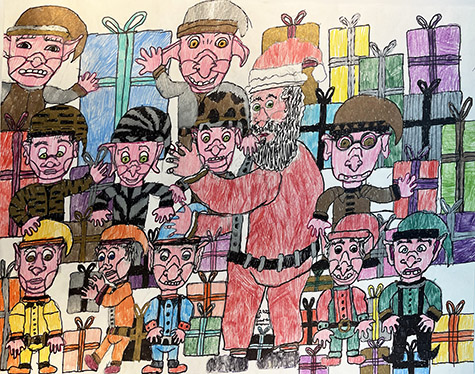 Brent Brown | BRB1153 | Santa and Elves | 22 x 28 in. at the Outsider Folk Art Gallery