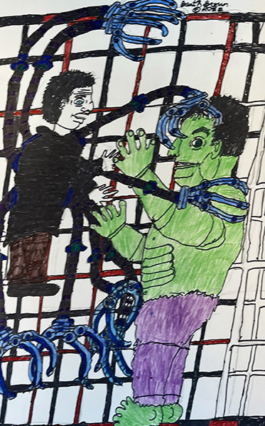 Brent Brown | BRB1162 | Doc Ock battles The Hulk  | 14 x 22 in.  at the Outsider Folk Art Gallery
