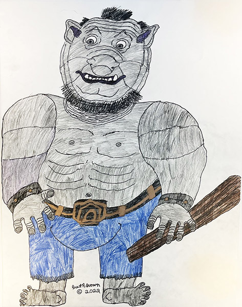 Brent Brown | BRB1180 | Troll with a bat | Drawing | 22 x 28 in. at the Outsider Folk Art Gallery