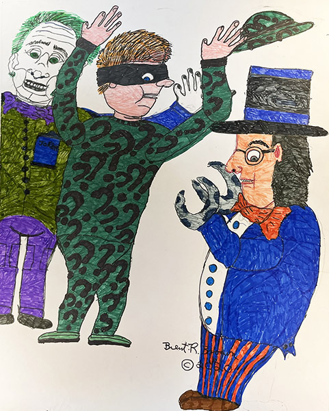 Brent Brown | BRB1196 | DC characters (Joker, The Riddler, Penguin)  | Drawing | 22 x 28 in. at the Outsider Folk Art Gallery