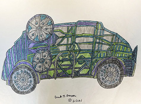Brent Brown | BRB1211 | Cycle Blue and Green Car | 28 x 22 in. at the Outsider Folk Art Gallery