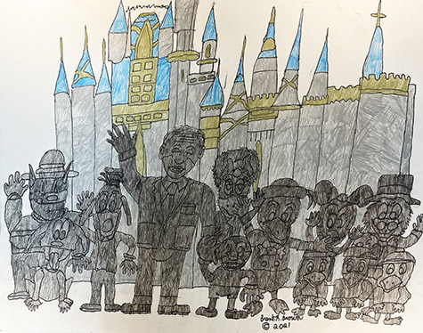 Brent Brown | BRB1215 | Disney Figures in front of Castle | 28 x 22 in. at the Outsider Folk Art Gallery
