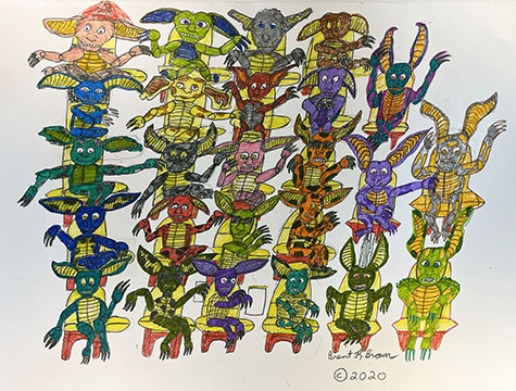 Brent Brown | BRB1221 | Colorful Bad Gemlins | 
	 Drawing | 28 x 22 in. at the Outsider Folk Art Gallery