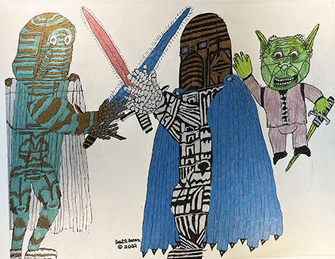 Brent Brown | BRB1227 | 2 fighters with Yoda (Star Wars)  | Drawing | 28 x 22 in.  at the Outsider Folk Art Gallery