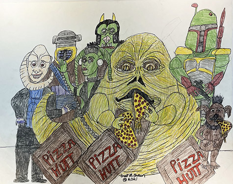 Brent Brown | BRB1232 | Jabba the Hutt with Others eating pizza  | Drawing | 28 x 22 in.  at the Outsider Folk Art Gallery