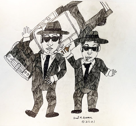 Brent Brown | BRB1246 | Blues Bros (B&W), side 1 - Unfinished men, side 2 | 28 x 22 in. at the Outsider Folk Art Gallery