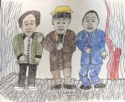 Brent Brown | BRB1255 | The 3 Stooges on stage | 28 x 22 in. at the Outsider Folk Art Gallery