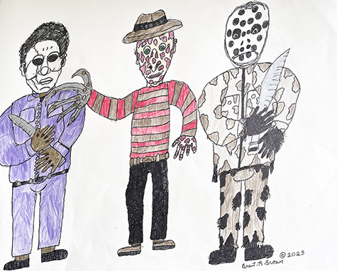 Brent Brown | BRB1257 | Michael Myers, Freddy Krueger, Jason Voorhees | 28 x 22 in. at the Outsider Folk Art Gallery