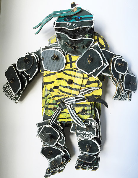 Brent Brown | BRB222 | Ninja Without a Cause (Ninja Turtle Series), 2016 | Cardboard, Mixed Media, 32 x 29 x 6 in. (81.3 x 73.7 x 15.2 cm) at the Outsider Folk Art Gallery