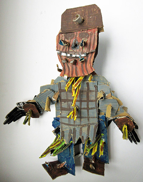 Brent Brown | BRB339 | Tall Straw the Scarecrow, 2017 | Cardboard, Mixed Media | 23 x 25 x 8 in. (58.4 x 63.5 x 20.3 cm) at the Outsider Folk Art Gallery