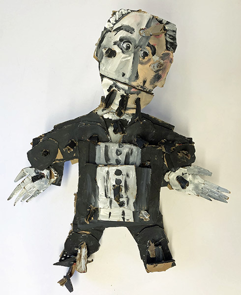 Brent Brown | BRB481 | Phantom of the Opera, 2018   | 
	 Cardboard, Mixed Media, on Canvas | 26 x 28 x 29 in. at the Outsider Folk Art Gallery