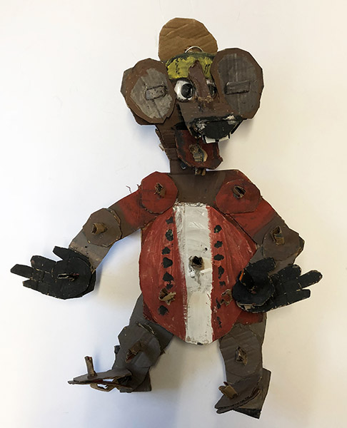 Brent Brown | BRB503 | Rizzo (Muppets), 2018   | 
	 Cardboard, Mixed Media, on Canvas | 27 x 18 x 9 in. (68.6 x 45.7 x 22.9 cm) at the Outsider Folk Art Gallery