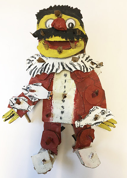 Brent Brown | BRB504 | New Zealand the Fish Juggler (Muppets), 2018   | 
	 Cardboard, Mixed Media, on Canvas | 25 x 19 x 6 in. (63.5 x 48.3 x 15.2 cm) at the Outsider Folk Art Gallery