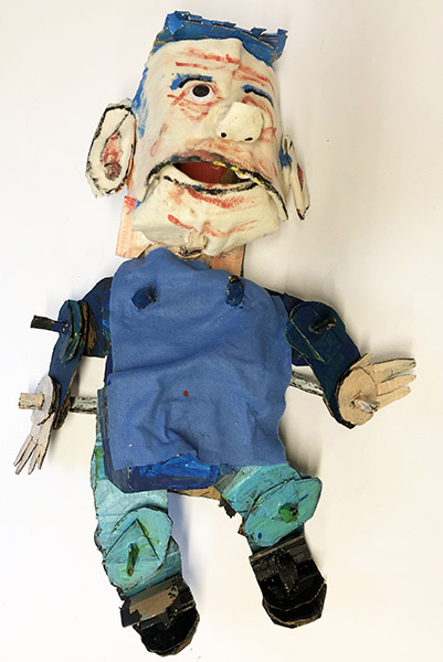 Brent Brown | BRB513 | Bob the Puppet (Muppets), 2018   | 
	 Cardboard, Mixed Media, on Canvas | 28 x 24 x 10 in. (71.1 x 61 x 25.4 cm) at the Outsider Folk Art Gallery