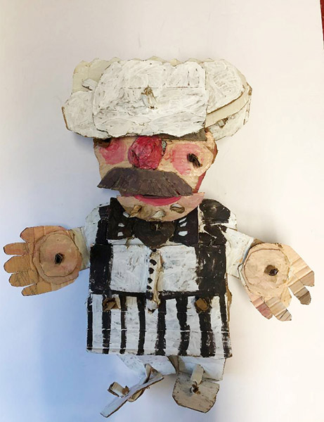 Brent Brown | BRB515 | Swedish Chef (the Muppets), 2018  | 
	 Cardboard, Mixed Media, on Canvas | 22 x 24 x 8 in. (55.88 x 60.96 x 20.32 cm) at the Outsider Folk Art Gallery