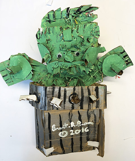Brent Brown | BRB522 | Oscar the Grouch - Small (the Muppets), 2018  | 
	 Cardboard, Mixed Media, on Canvas | 18 x 22 x 9 in. (45.72 x 55.88 x 22.86 cm) at the Outsider Folk Art Gallery
