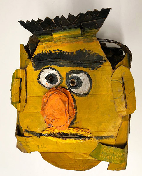Brent Brown | BRB529 | Bert (the Muppets), 2018 | Cardboard, Mixed Media, on Canvas | 18 x 20 x 12 in. (45.72 x 50.8 x 30.48 cm) at the Outsider Folk Art Gallery