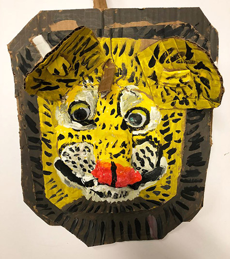 Brent Brown | BRB543 | Tiger Sue, 2018 | 
	 Cardboard, Mixed Media, on Canvas | 13 x 15 x 8 in.  at the Outsider Folk Art Gallery