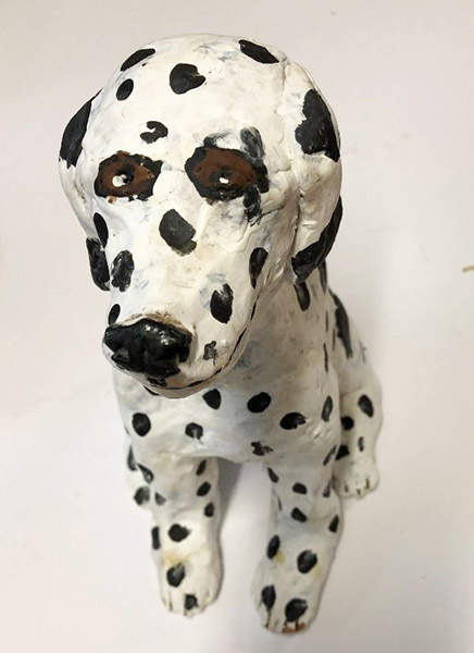 Brent Brown | BRB567 | Dalmation, 2018 | 
	 Cardboard, Mixed Media | 5 x 5 x 7 in. at the Outsider Folk Art Gallery