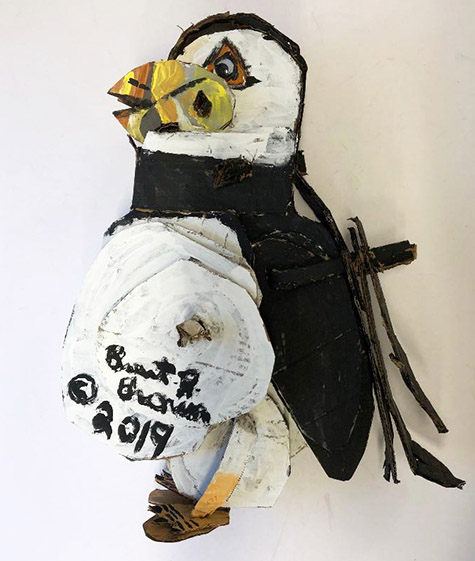 Brent Brown | BRB579 | Patsy the Puffin, 2019 | 
	 Cardboard, Mixed Media | 20 x 13 x 7 in. at the Outsider Folk Art Gallery