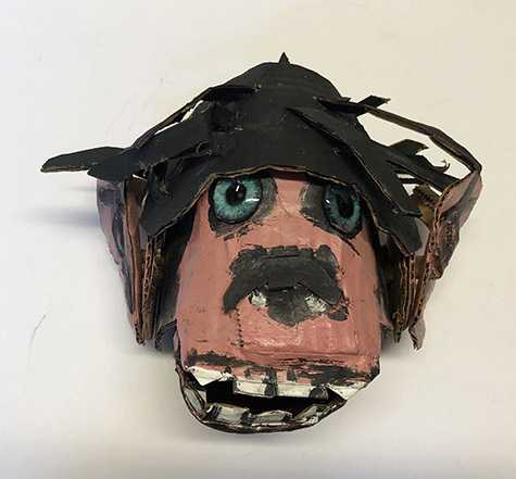 Brent Brown | BRB614 | Clad the Chimp, Jr., 2019 | 
	 Cardboard, Mixed Media, 8 x 7 x 5 in. at the Outsider Folk Art Gallery