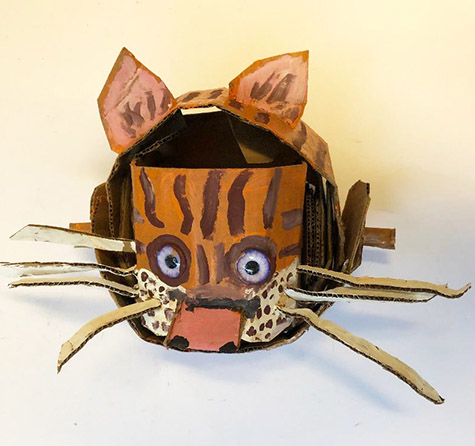 Brent Brown | BRB669 | Sweet Kitty, Jr, 2019 | 
	 Cardboard, Mixed Media, 10 x 10 x 9 in. at the Outsider Folk Art Gallery