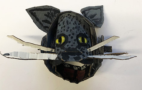 Brent Brown | BRB679 | Fergie the Cat, 2019 | 
	 Cardboard, Mixed Media, 12 x 9 x 8 in. at the Outsider Folk Art Gallery