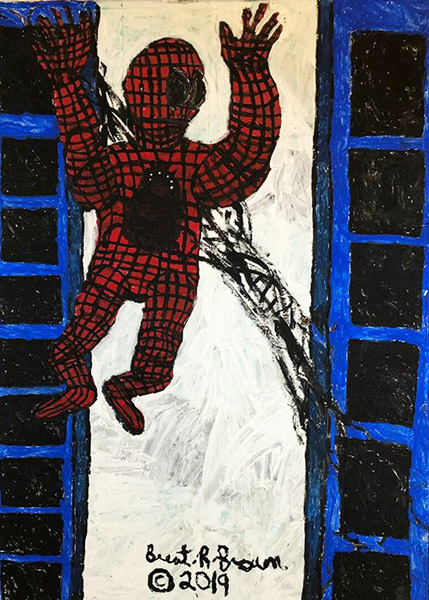Brent Brown | BRB744 | Spiderman on the Loose, 2019 | Paint on cardboard | 24 x 31 in. at the Outsider Folk Art Gallery