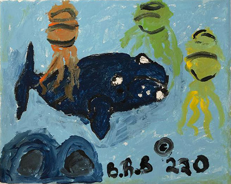 Brent Brown | BRB766 | Hump Back Whale with Jelly Fish, 2020 | Paint on canvas | 8 x 6 in. at the Outsider Folk Art Gallery