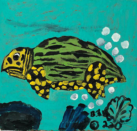 Brent Brown | BRB770 | Cecily the Sea Turtle, 2020 | Paint on canvas | 11 x 11 in. at the Outsider Folk Art Gallery