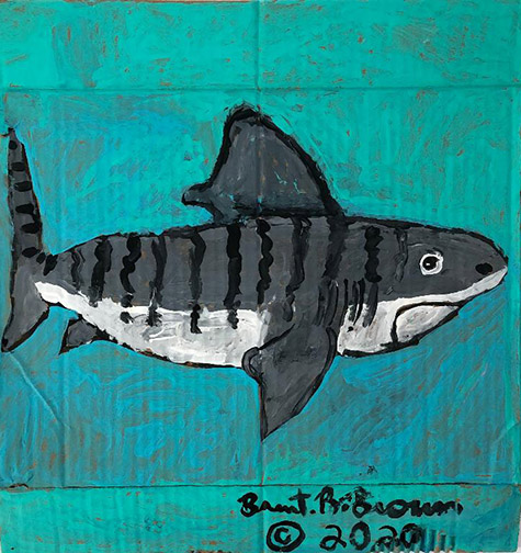 Brent Brown | BRB772 | Tom the Tiger Shark, 2020 | Paint on canvas | 16 x 16 in. at the Outsider Folk Art Gallery