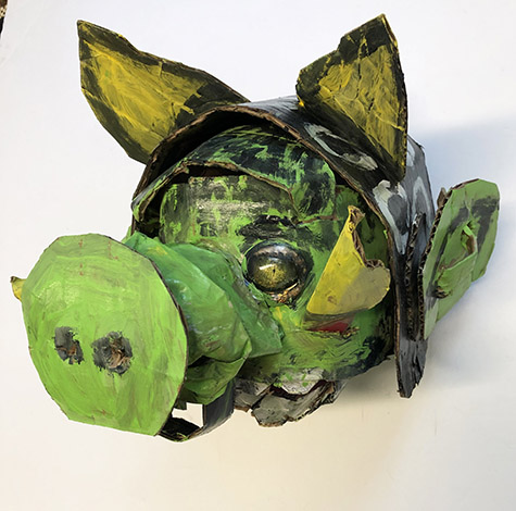 Brent Brown | BRB806 | Green pig (Starwars), 2020  | 
	 Cardboard, Mixed Media, on Canvas | 16 x 12 x 12 in. at the Outsider Folk Art Gallery