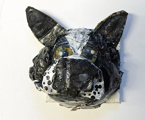 Brent Brown | BRB826 | Boston Terrier, 2020 | Cardboard, Mixed Media, on Canvas | 4 x 4 x 3 in. at the Outsider Folk Art Gallery