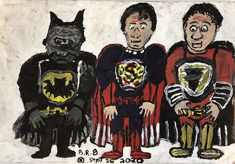Brent Brown | BRB882 | DC Team - Batman, Superman, Green Lantern, 2020  | 
	 Cardboard, Mixed Media | 24 x 12 in. at the Outsider Folk Art Gallery