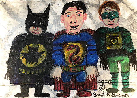 Brent Brown | BRB897 | Superman, Batman, The Flash - Justice League, 2020  | 
	 Cardboard, Mixed Media | 21 x 13 x 7 in. at the Outsider Folk Art Gallery