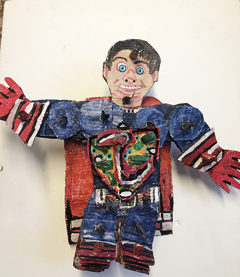 Brent Brown | BRB906 | Superman, 2021 | Cardboard, Mixed Media | 22 x 21 x 10 in. at the Outsider Folk Art Gallery