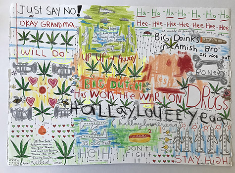 David "Big Dutch" Nally | DN181 | War on Drugs, 2018 | Colored pencil and ink on watercolor paper | 17 x 22 in. (43.18 x 55.88 cm) at the Outsider Folk Art Gallery