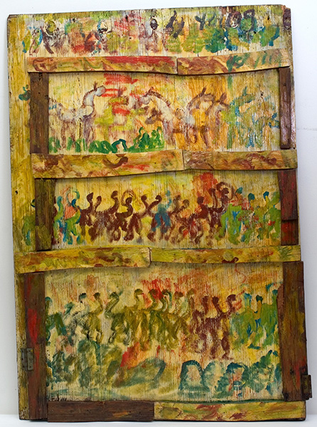 Purvis Young | PY060 | Freedom Horses | 1997 | House Paint on Wood Assemblage  | 33w x 46h x 4d | price $7,500 at the Outsider Folk Art Gallery