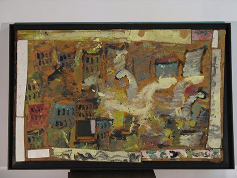 Purvis Young | PYG-FR-001 | Untitled (Cityscape with Horses) | Housepaint on wood assemblage | 41 x 21 in. (104.14 x 53.34 cm) at the Outsider Folk Art Gallery