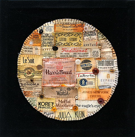 Mary Stoudt | STM010 | Labeled 2, 2013 | Labels, Mixed Media | 12 x 12 in. (30.5 x 30.5 cm) at the Outsider Folk Art Gallery