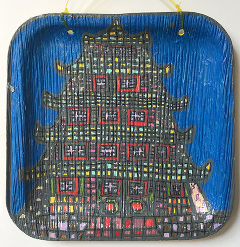 Sybil Roe Thompson | THS247 | Reading Pagoda 1 | Paint on heavy weight plate | 6 x 8 in. | at the Outsider Folk Art Gallery