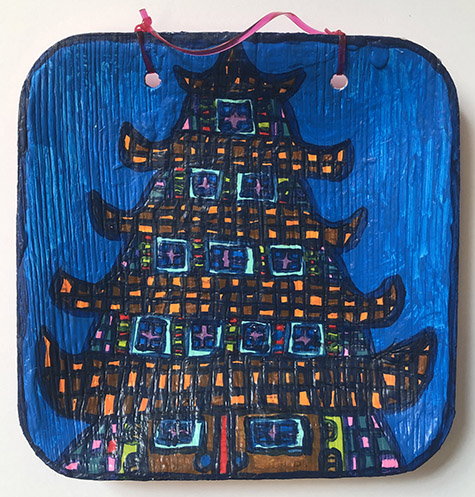 Sybil Roe Thompson | THS248 | Reading Pagoda 2 | Paint on heavy weight plate | 6 x 6 in. | at the Outsider Folk Art Gallery